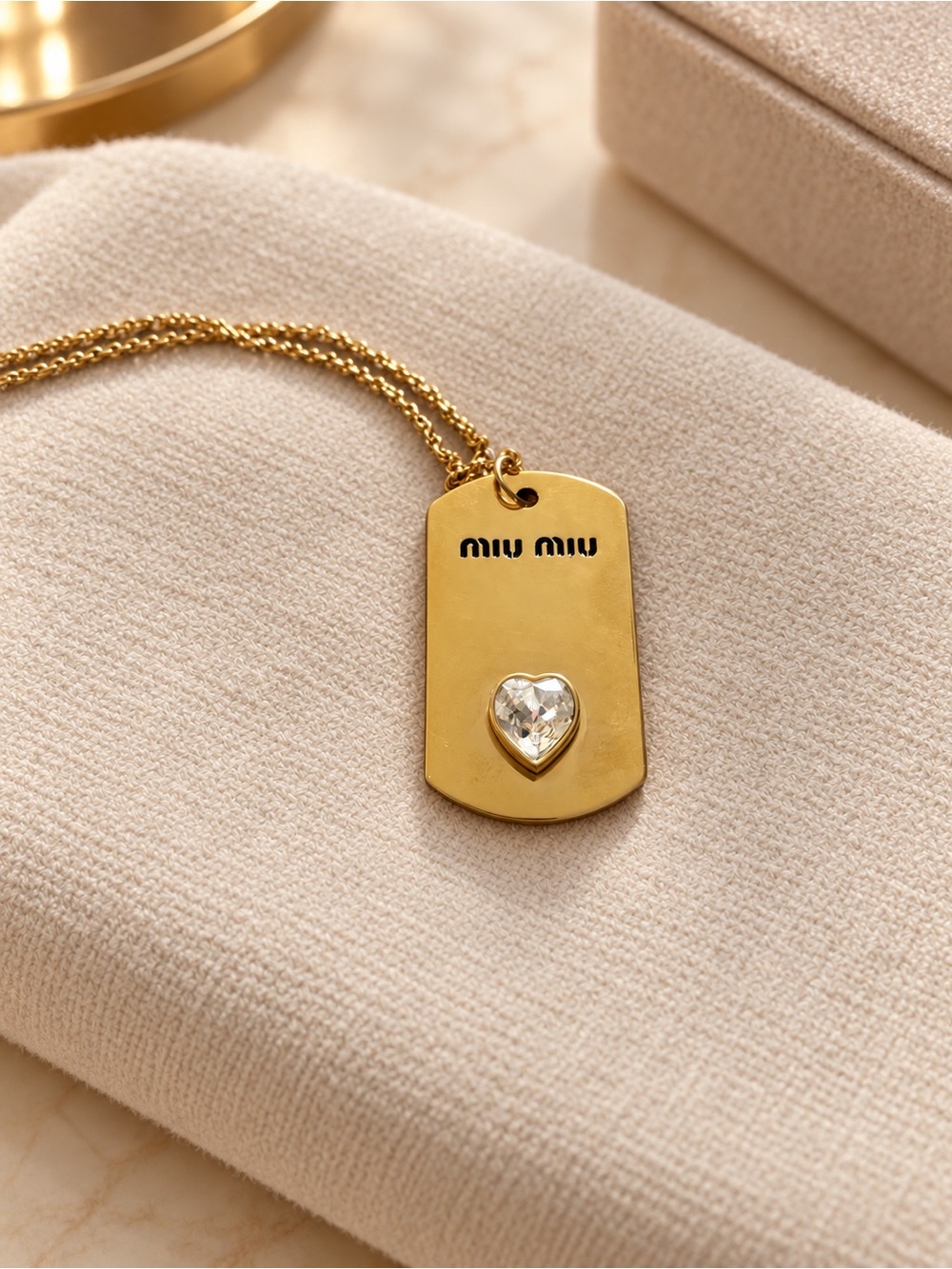 Miu Miu Gold-tone Dog Tag Necklace with Heart Crystal